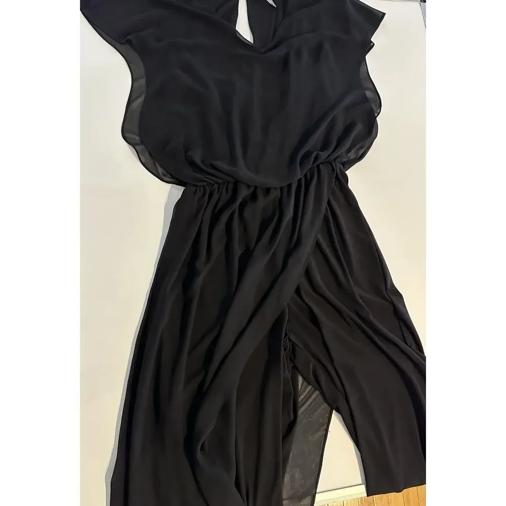 LAST TANGO Womens Jumpsuit Size Med Black Chiffon Overlay Vacation Travel Career